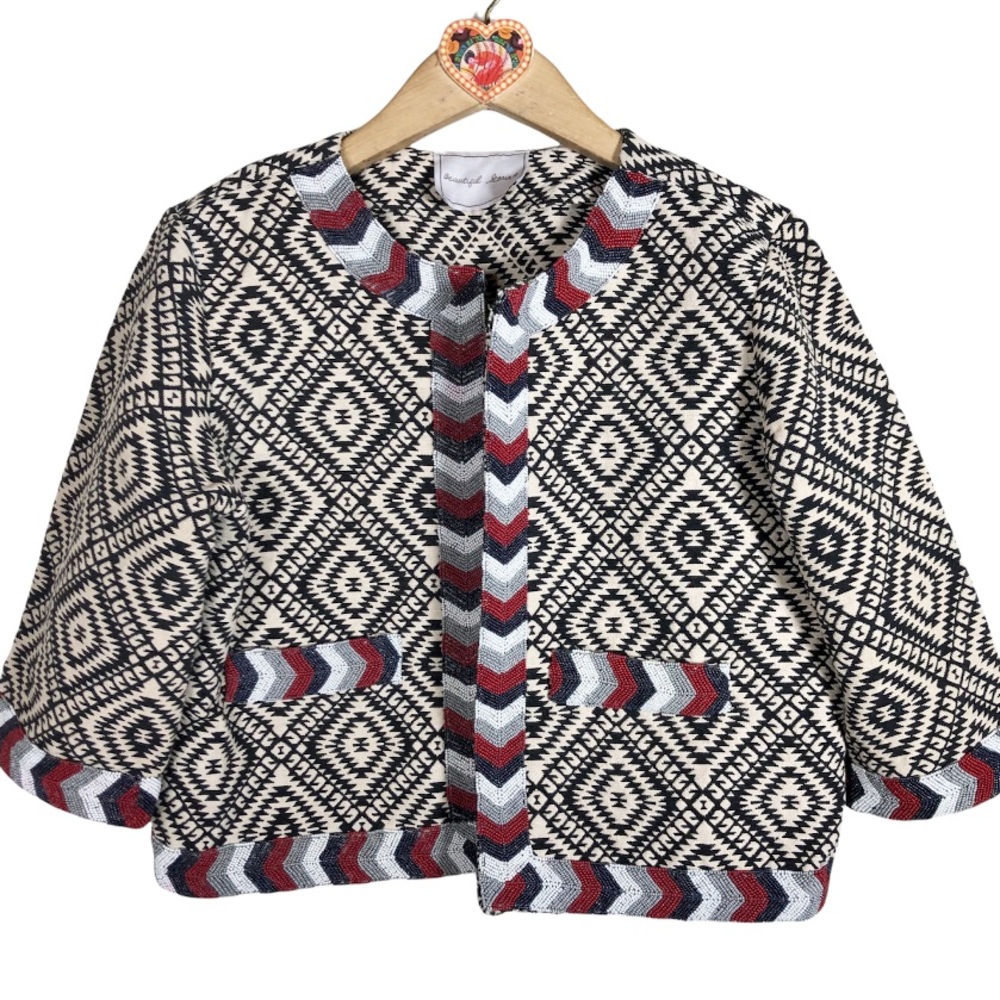 Jacquard beaded geometric cropped coat